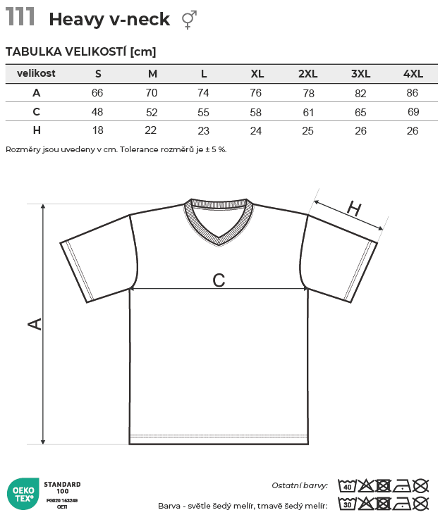 111 Heavy V-neck tričko unisex Tabulka velikostí